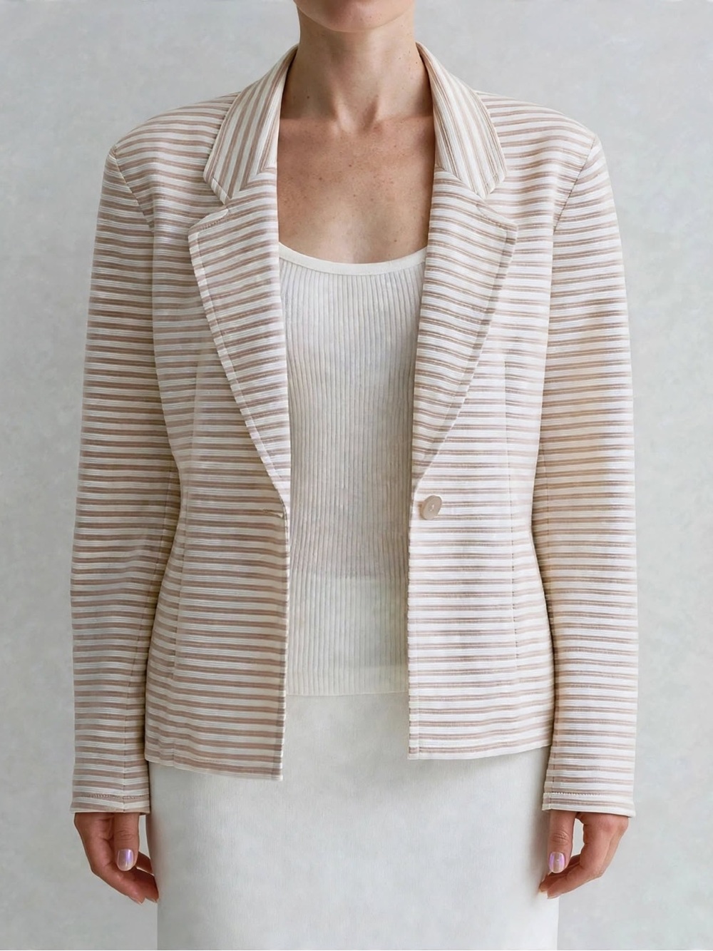 Calvin Klein Khaki White Pinstripe Rib Knit Stretch Blazer Size 8